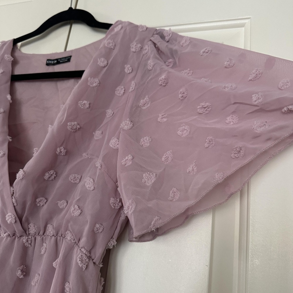 Shein Dress Womens Large Purple Swiss Dot V Neck Flutter Sleeve Ruffle Mini - Picture 4 of 10